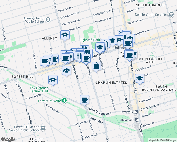 map of restaurants, bars, coffee shops, grocery stores, and more near 470 Oriole Parkway in Toronto