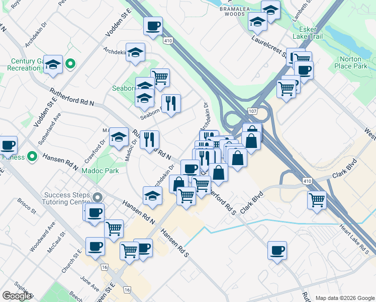 map of restaurants, bars, coffee shops, grocery stores, and more near 109 Archdekin Drive in Brampton