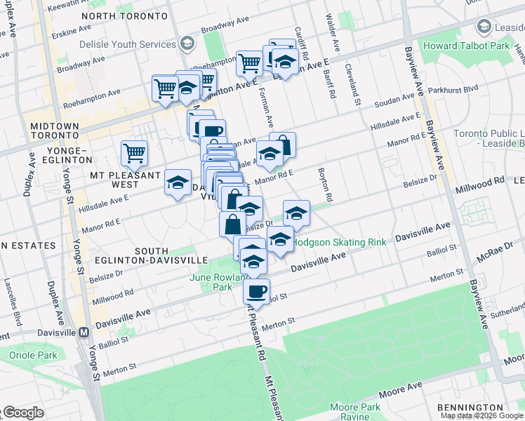 map of restaurants, bars, coffee shops, grocery stores, and more near in Toronto