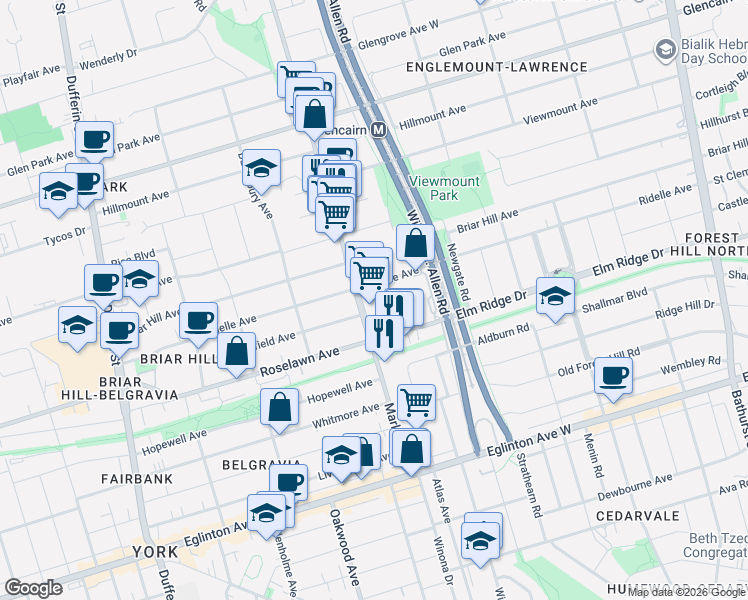 map of restaurants, bars, coffee shops, grocery stores, and more near 145 Marlee Avenue in Toronto