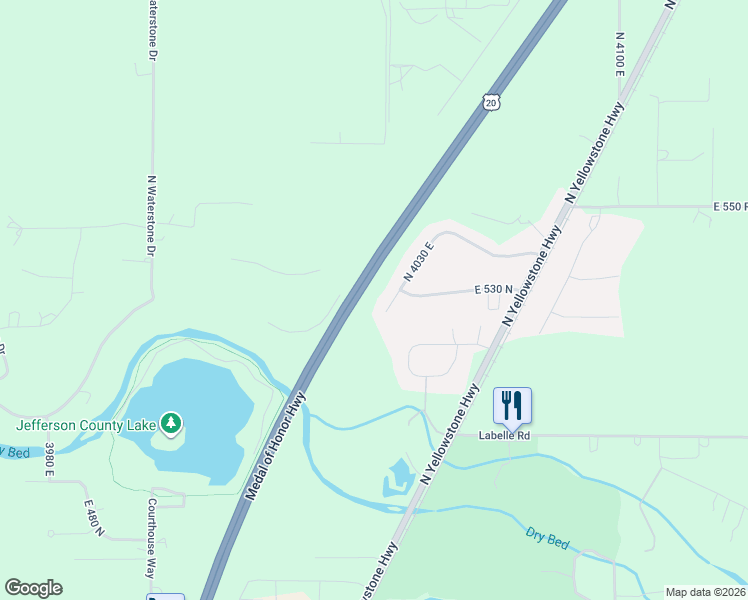 map of restaurants, bars, coffee shops, grocery stores, and more near 527 North 4030 East in Rigby