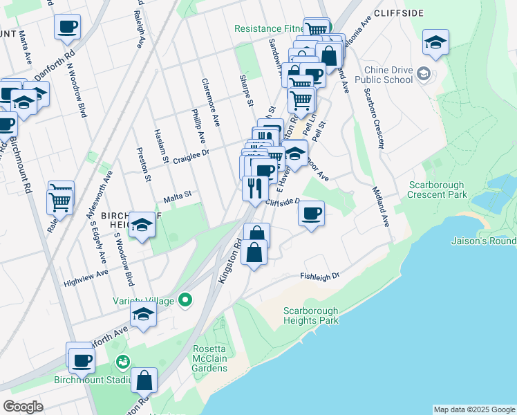 map of restaurants, bars, coffee shops, grocery stores, and more near in Toronto