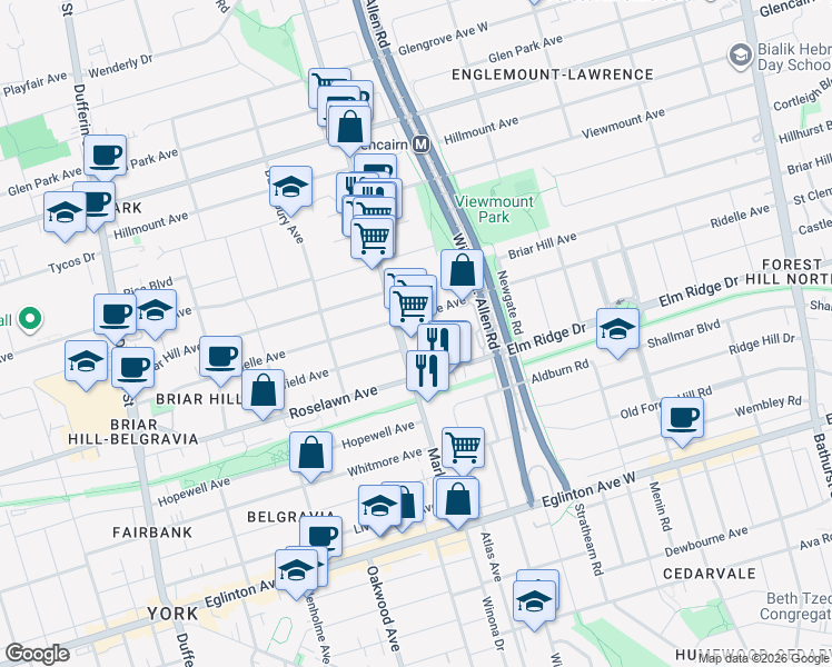 map of restaurants, bars, coffee shops, grocery stores, and more near 145 Marlee Avenue in Toronto