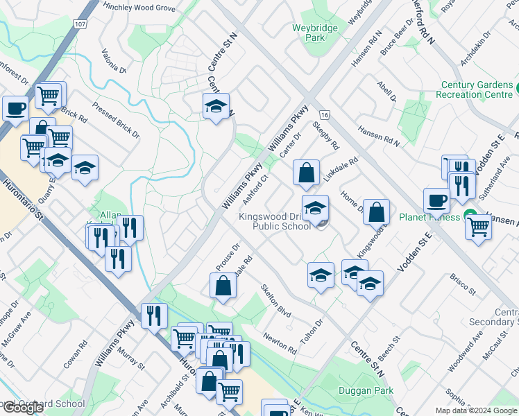 map of restaurants, bars, coffee shops, grocery stores, and more near in Brampton