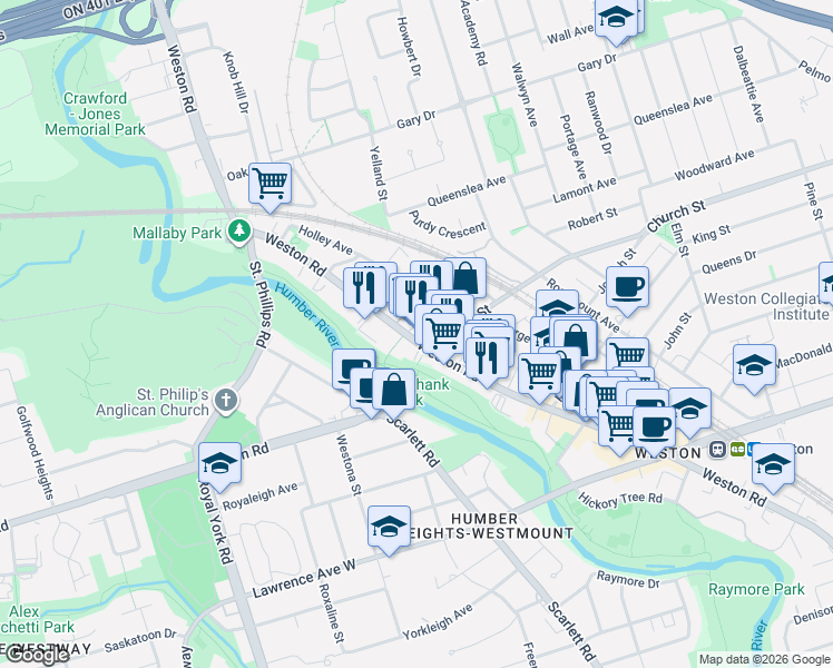 map of restaurants, bars, coffee shops, grocery stores, and more near 2185 Weston Road in Toronto