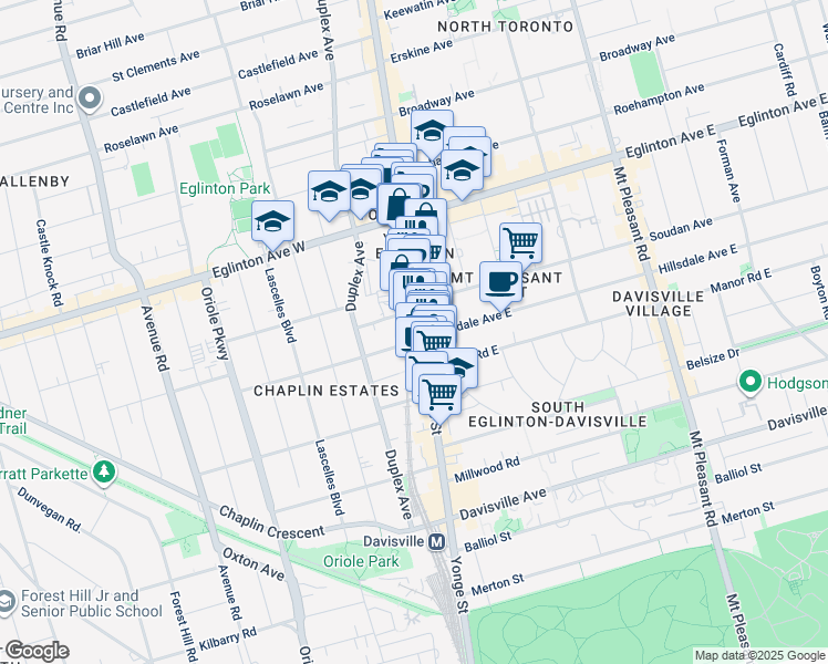 map of restaurants, bars, coffee shops, grocery stores, and more near 2128 Yonge Street in Toronto