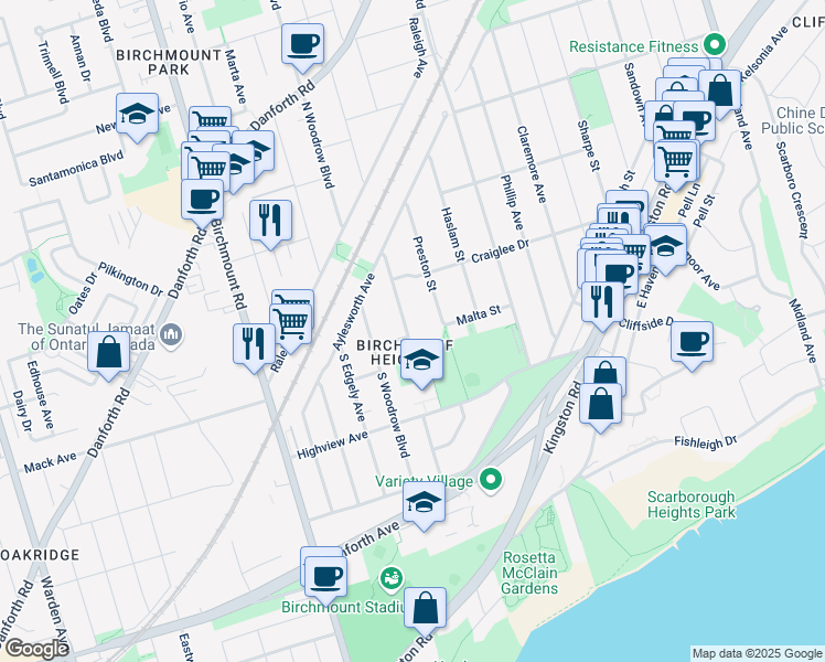 map of restaurants, bars, coffee shops, grocery stores, and more near 19 South Bonnington Avenue in Toronto