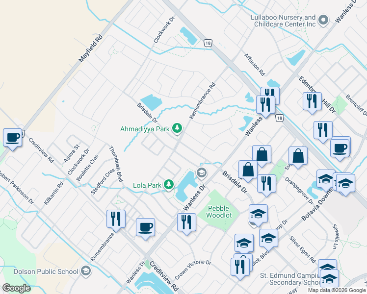 map of restaurants, bars, coffee shops, grocery stores, and more near 340 Remembrance Road in Brampton