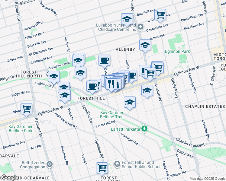 map of restaurants, bars, coffee shops, grocery stores, and more near 549 Eglinton Avenue West in Toronto