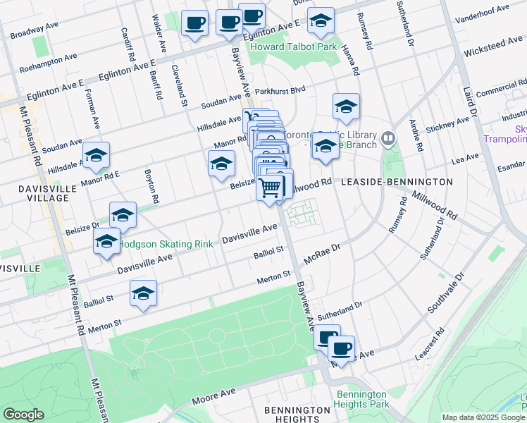 map of restaurants, bars, coffee shops, grocery stores, and more near 29 Whitewood Road in Toronto