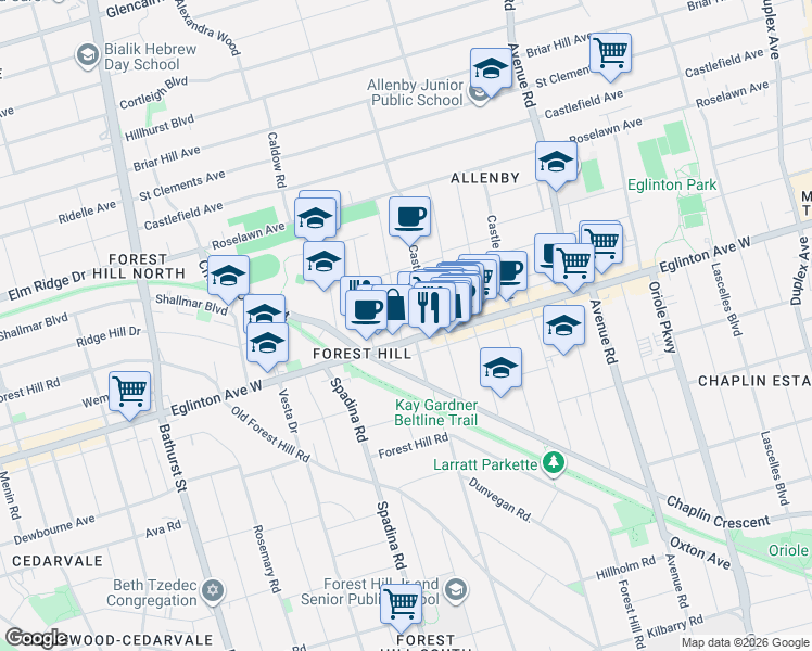 map of restaurants, bars, coffee shops, grocery stores, and more near 21 Latimer Avenue in Toronto