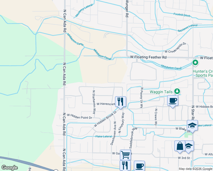 map of restaurants, bars, coffee shops, grocery stores, and more near 12224 West Foxhaven Street in Star