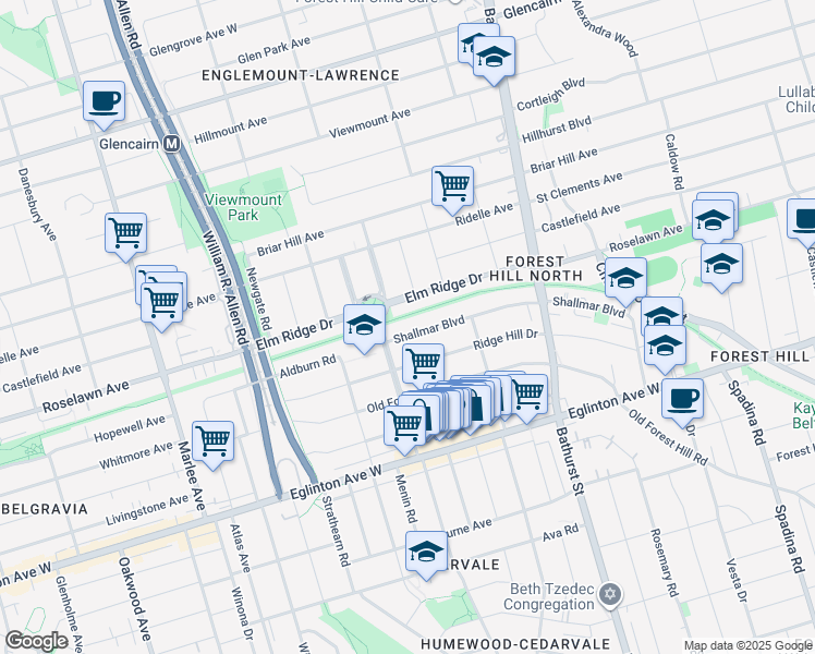 map of restaurants, bars, coffee shops, grocery stores, and more near 74 Shallmar Boulevard in Toronto