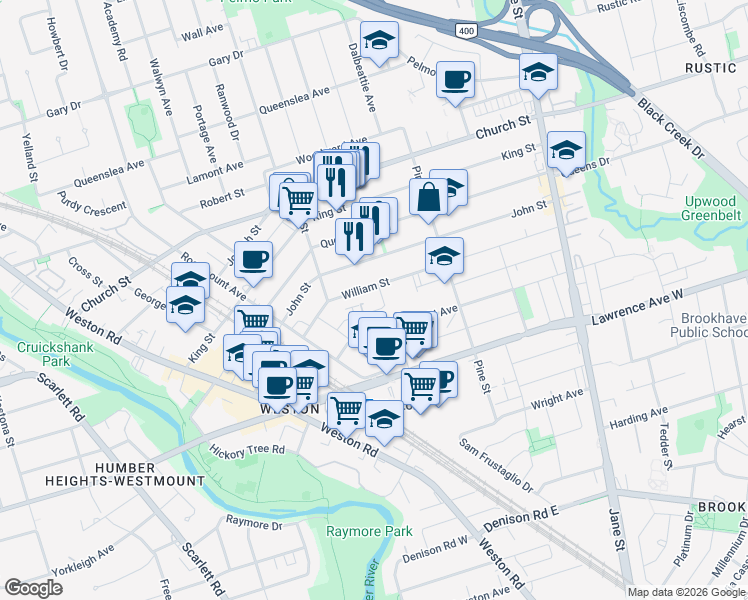 map of restaurants, bars, coffee shops, grocery stores, and more near 69 William Street in Toronto