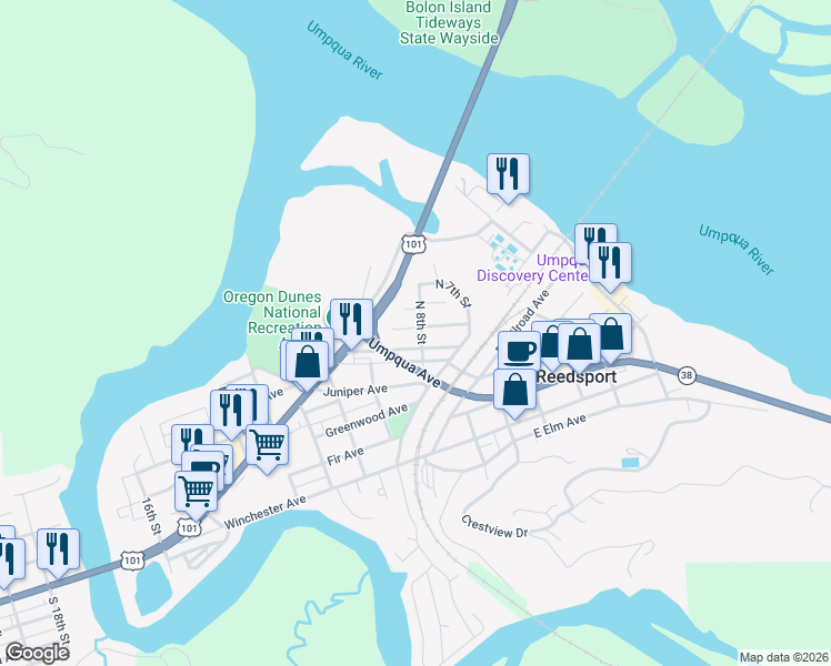 map of restaurants, bars, coffee shops, grocery stores, and more near 1000 North 8th Street in Reedsport