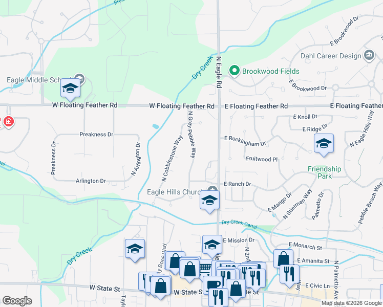 map of restaurants, bars, coffee shops, grocery stores, and more near 1007 North Grey Pebble Way in Eagle