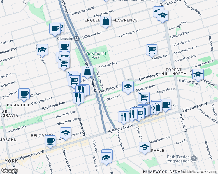 map of restaurants, bars, coffee shops, grocery stores, and more near 2 Fernwood Road in Toronto