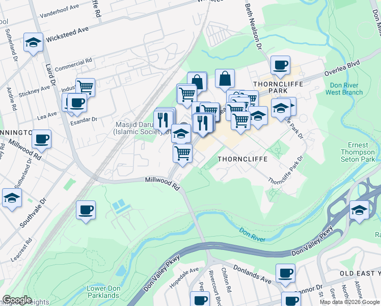 map of restaurants, bars, coffee shops, grocery stores, and more near 15D Overlea Boulevard in Toronto
