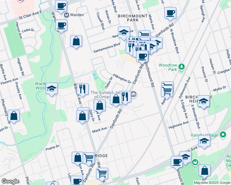 map of restaurants, bars, coffee shops, grocery stores, and more near 10 Wilkes Crescent in Toronto