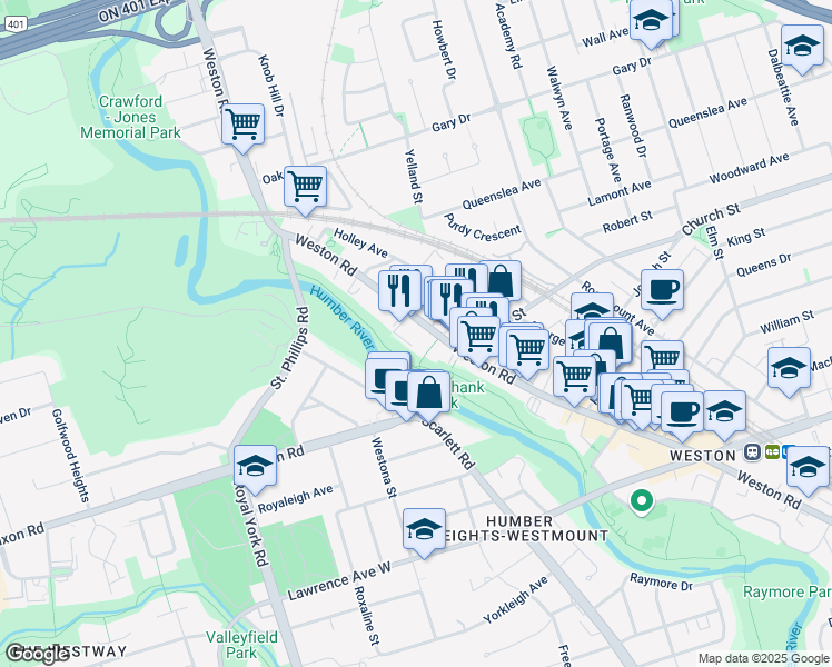 map of restaurants, bars, coffee shops, grocery stores, and more near 2222 Weston Road in Toronto