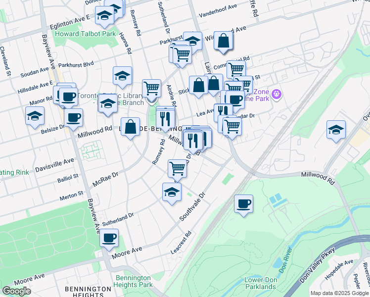 map of restaurants, bars, coffee shops, grocery stores, and more near in Toronto
