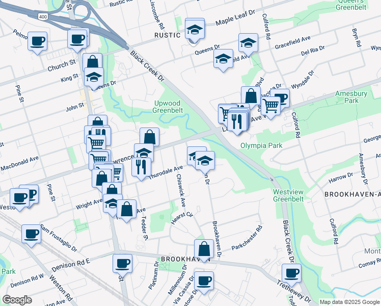 map of restaurants, bars, coffee shops, grocery stores, and more near 125 Brookhaven Drive in Toronto