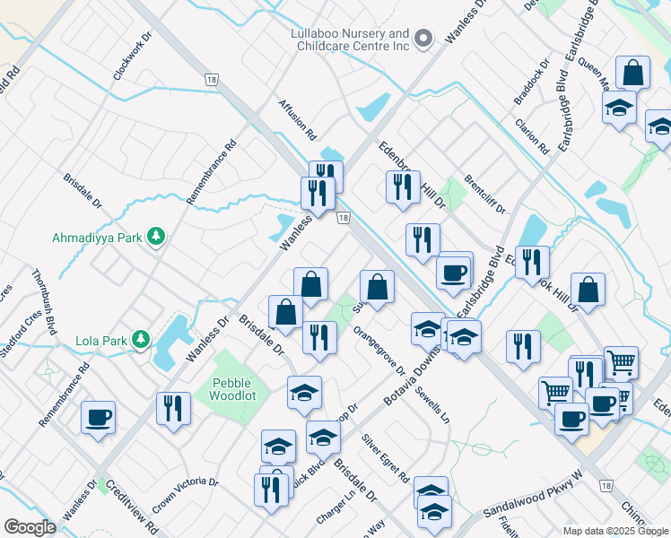 map of restaurants, bars, coffee shops, grocery stores, and more near in Brampton