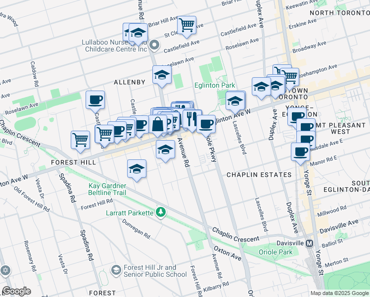 map of restaurants, bars, coffee shops, grocery stores, and more near 989 Avenue Road in Toronto