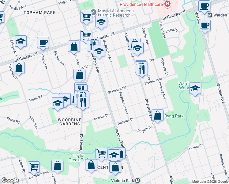 map of restaurants, bars, coffee shops, grocery stores, and more near 71 Pitt Avenue in Toronto
