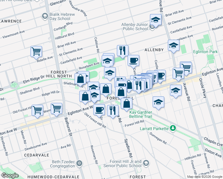 map of restaurants, bars, coffee shops, grocery stores, and more near in Toronto