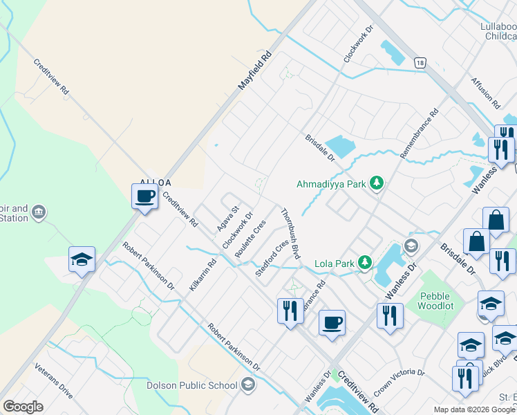 map of restaurants, bars, coffee shops, grocery stores, and more near 43 Clockwork Drive in Brampton