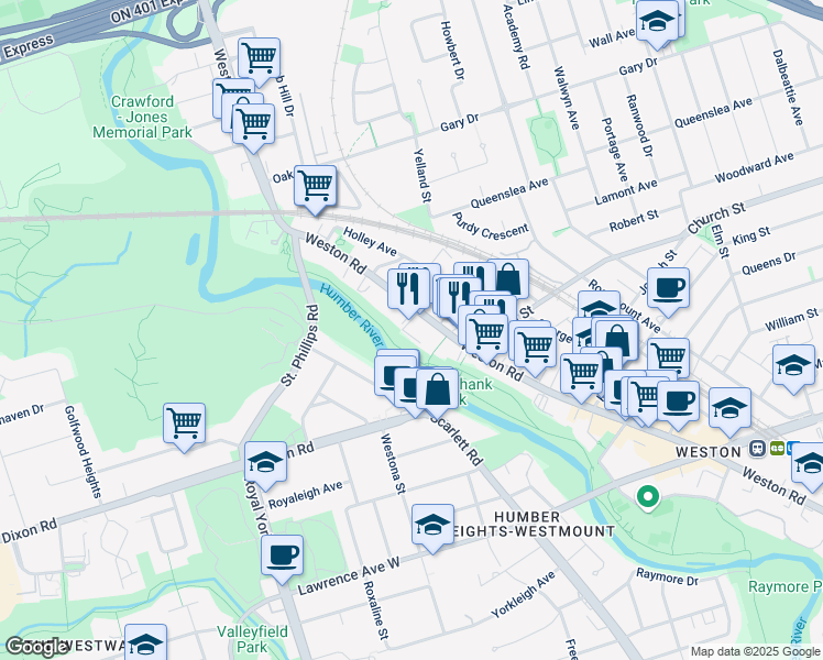 map of restaurants, bars, coffee shops, grocery stores, and more near 2222 Weston Road in Toronto
