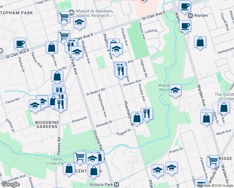 map of restaurants, bars, coffee shops, grocery stores, and more near 59A Bexhill Avenue in Toronto