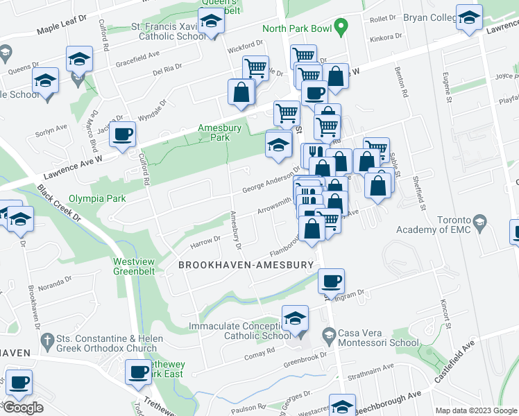map of restaurants, bars, coffee shops, grocery stores, and more near 42 Arrowsmith Avenue in Toronto