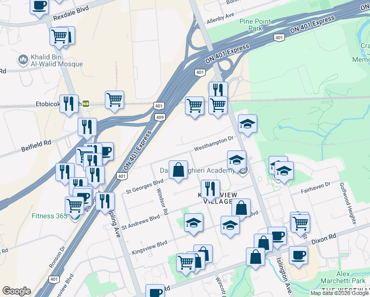map of restaurants, bars, coffee shops, grocery stores, and more near 54 Westhampton Drive in Toronto