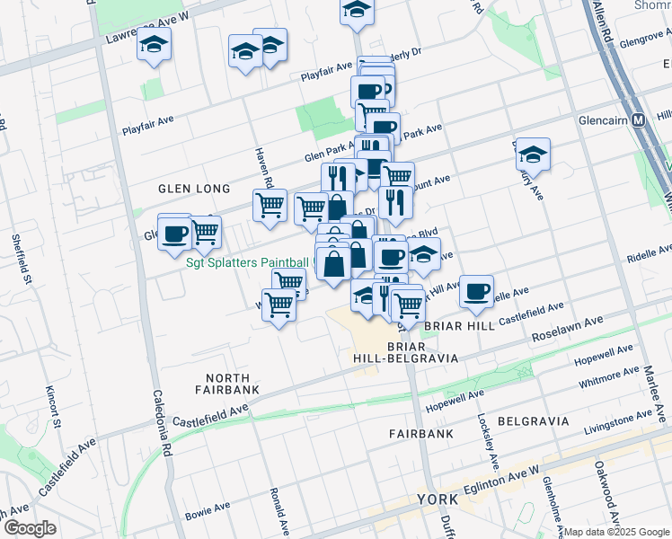 map of restaurants, bars, coffee shops, grocery stores, and more near 50 Wingold Avenue in Toronto