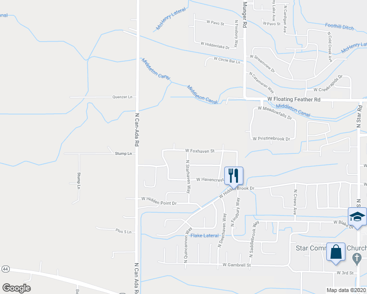 map of restaurants, bars, coffee shops, grocery stores, and more near 12298 West Foxhaven Street in Star