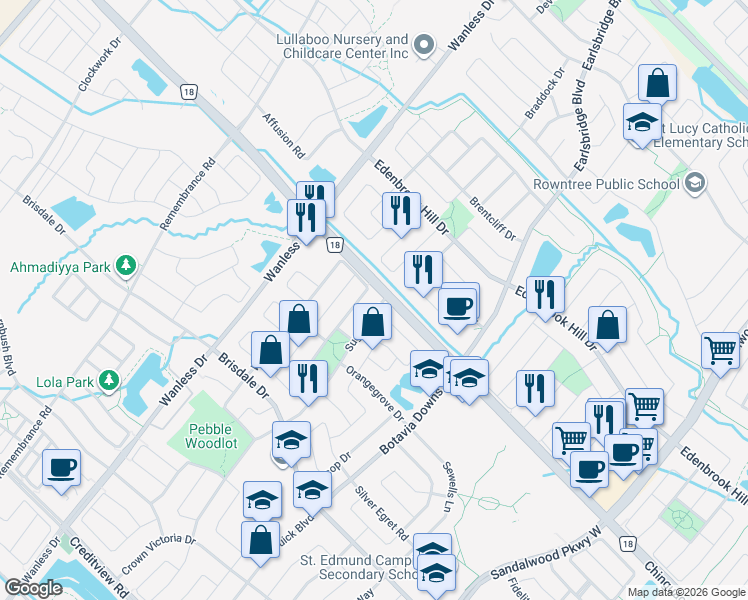 map of restaurants, bars, coffee shops, grocery stores, and more near 4 Sugarhill Drive in Brampton