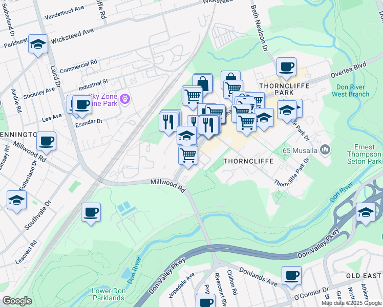 map of restaurants, bars, coffee shops, grocery stores, and more near 16 Overlea Boulevard in Toronto