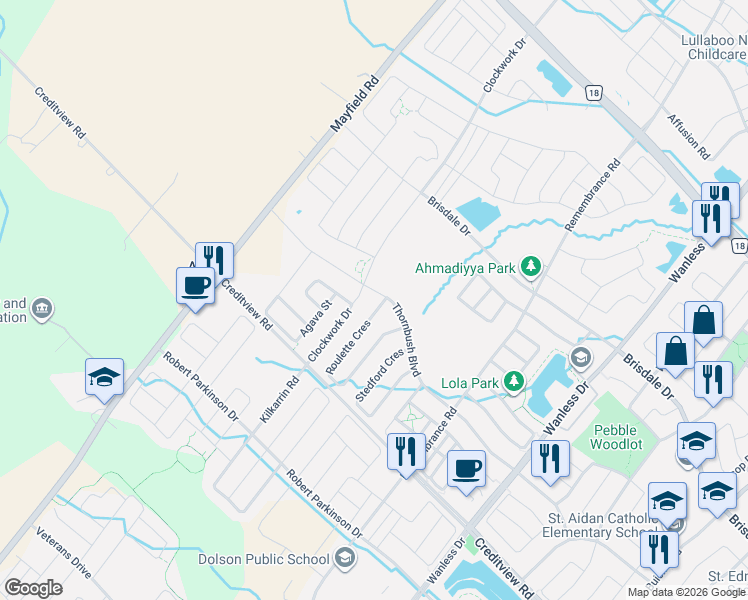 map of restaurants, bars, coffee shops, grocery stores, and more near 180 Thornbush Boulevard in Brampton