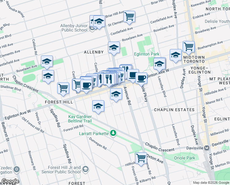 map of restaurants, bars, coffee shops, grocery stores, and more near 126 Braemar Avenue in Toronto
