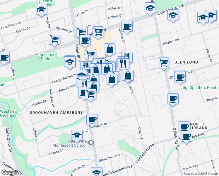 map of restaurants, bars, coffee shops, grocery stores, and more near 41 Densley Avenue in Toronto