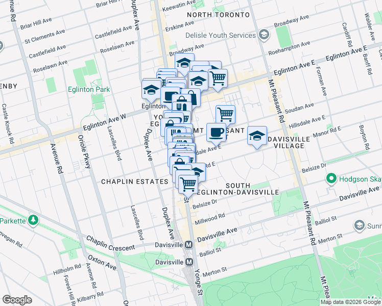 map of restaurants, bars, coffee shops, grocery stores, and more near 5 Soudan Avenue in Toronto