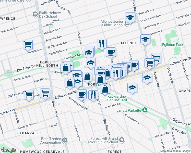map of restaurants, bars, coffee shops, grocery stores, and more near in Toronto