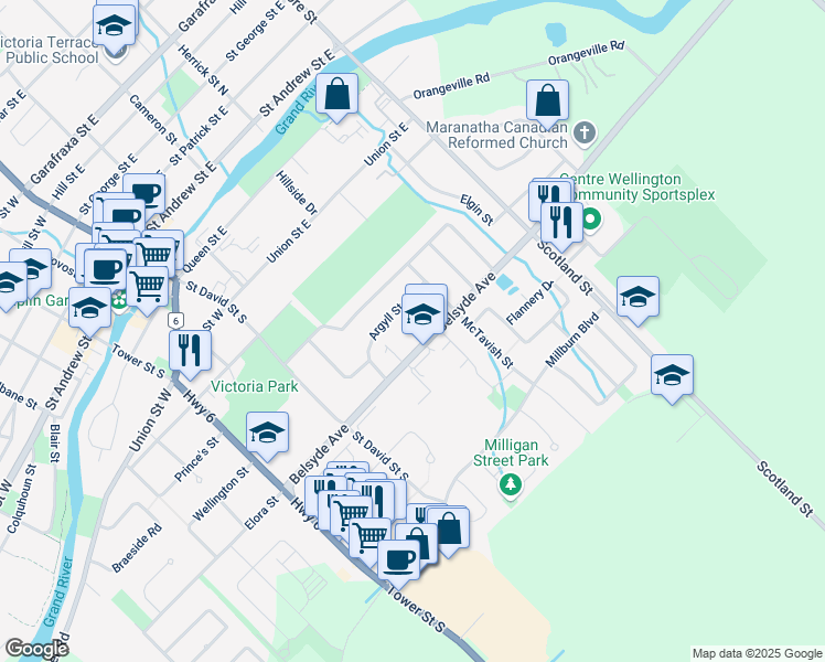 map of restaurants, bars, coffee shops, grocery stores, and more near 325 Belsyde Avenue East in Fergus
