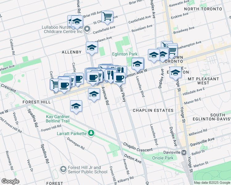 map of restaurants, bars, coffee shops, grocery stores, and more near 239 Eglinton Avenue West in Toronto