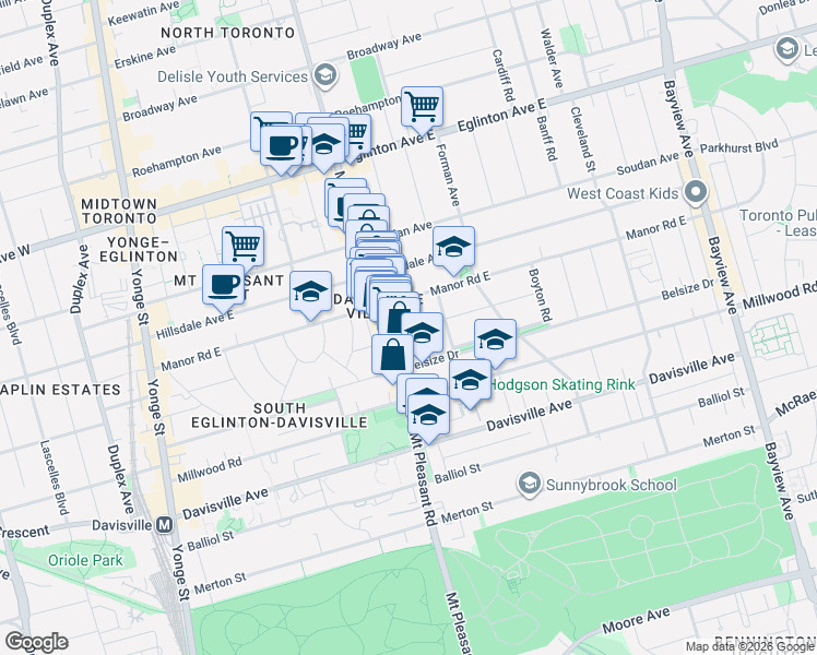 map of restaurants, bars, coffee shops, grocery stores, and more near 36 Hadley Road in Toronto