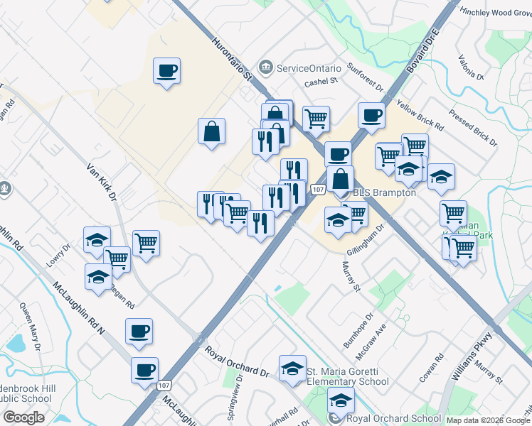 map of restaurants, bars, coffee shops, grocery stores, and more near 20 Ironside Drive in Brampton
