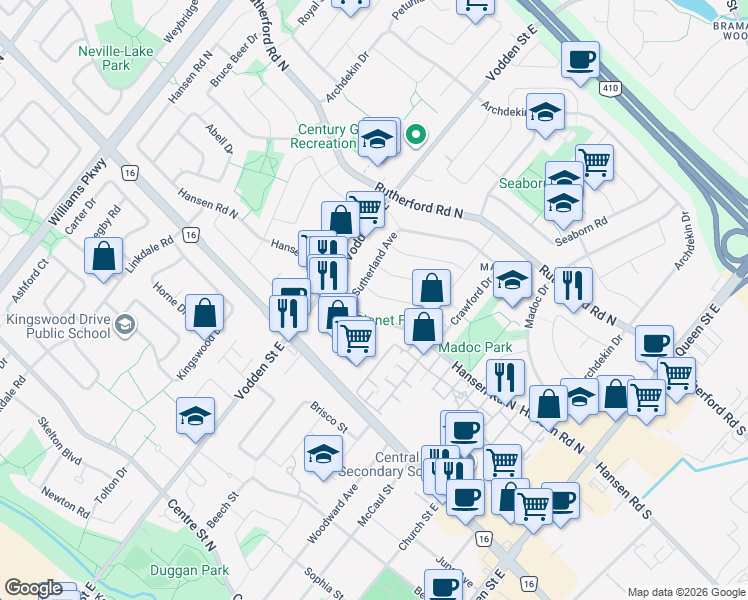 map of restaurants, bars, coffee shops, grocery stores, and more near in Brampton