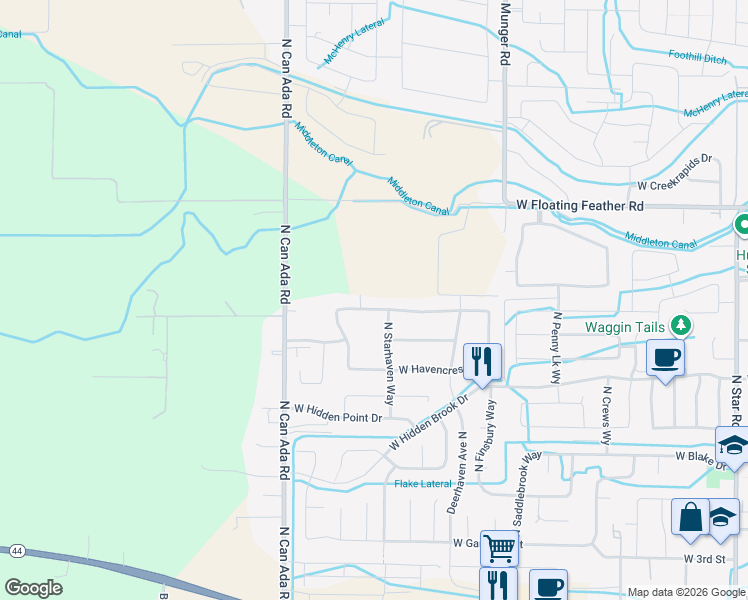 map of restaurants, bars, coffee shops, grocery stores, and more near 12310 West Foxhaven Street in Star